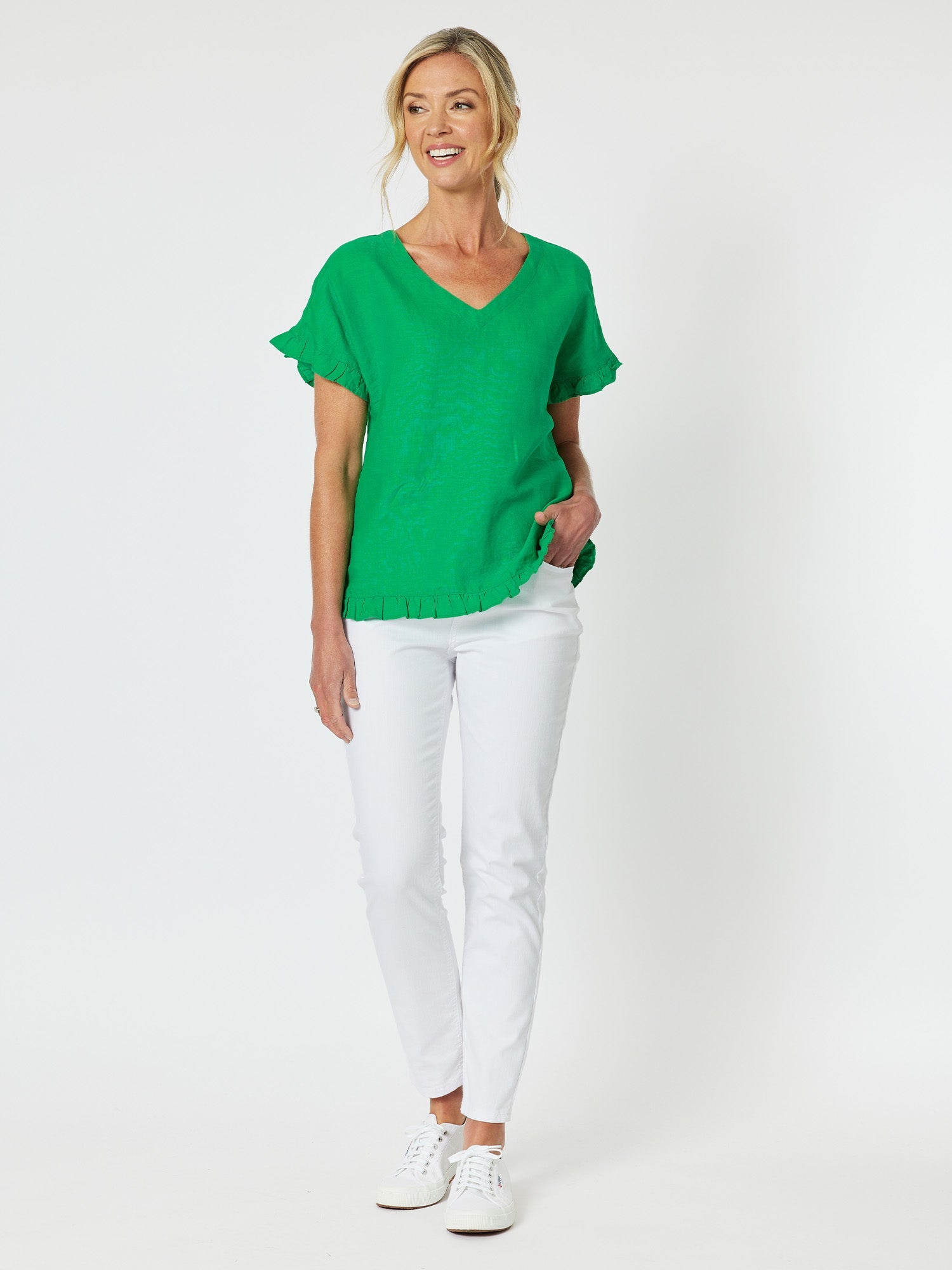 Ruffle Hem Linen Top - Emerald - RC & Co