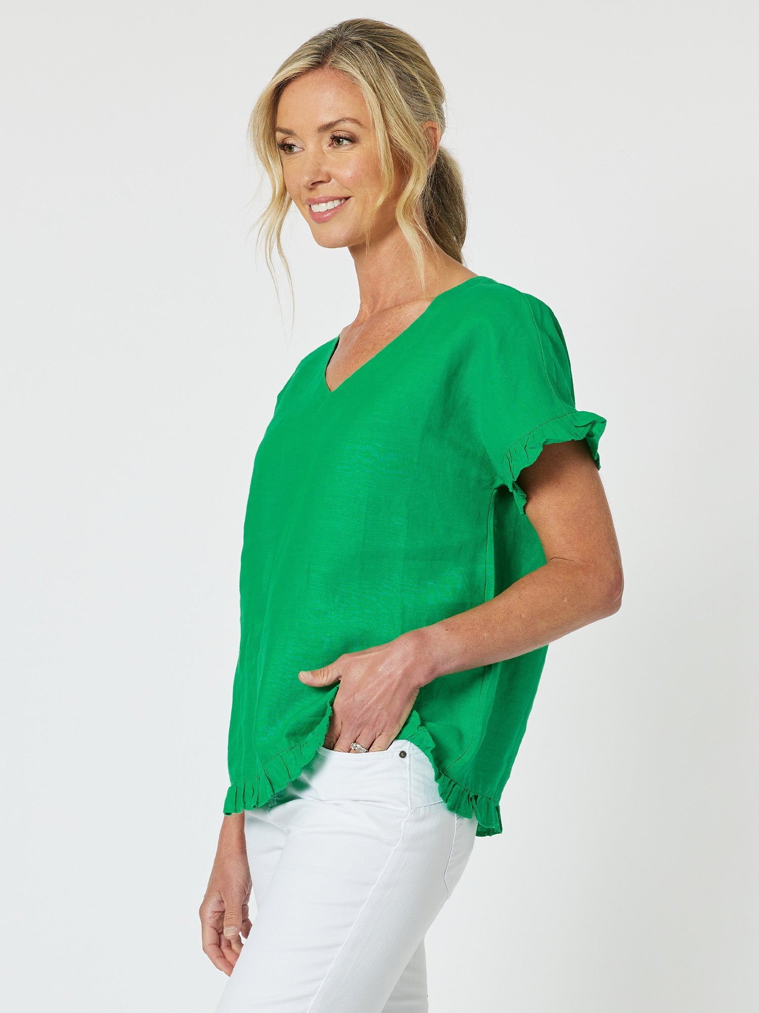 Ruffle Hem Linen Top - Emerald - RC & Co