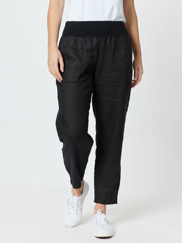 Sarah Linen Pleat Hem Pant - Black - RC & Co