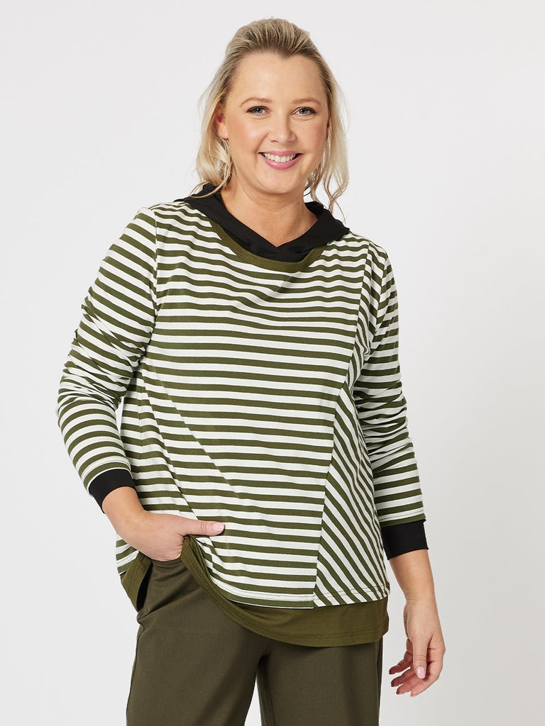 Sarah Stripe Long Sleeve Top - Khaki - RC & Co