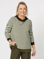 Sarah Stripe Print Long Sleeve Top - Khaki