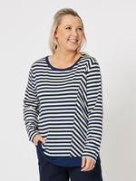 Sarah Stripe Print Long Sleeve Top - Navy