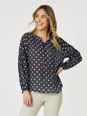 Sorrento Spot Sheer Blouse - Navy/White - RC & Co