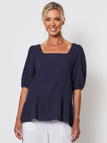 Square Neck Textured Cotton Top - Navy - RC & Co