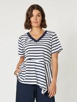 Stripe Spliced Print T-shirt - Navy/White