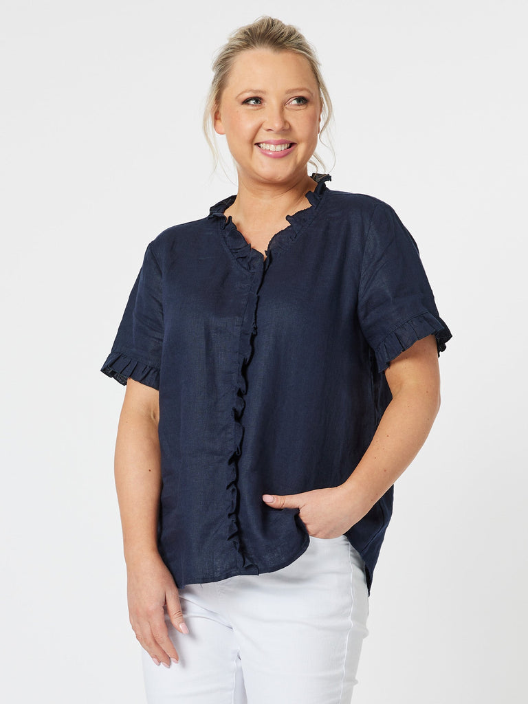 Tiffany Ruffle Linen Top - Navy - RC & Co