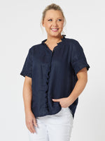 Tiffany Ruffle Linen Top - Navy