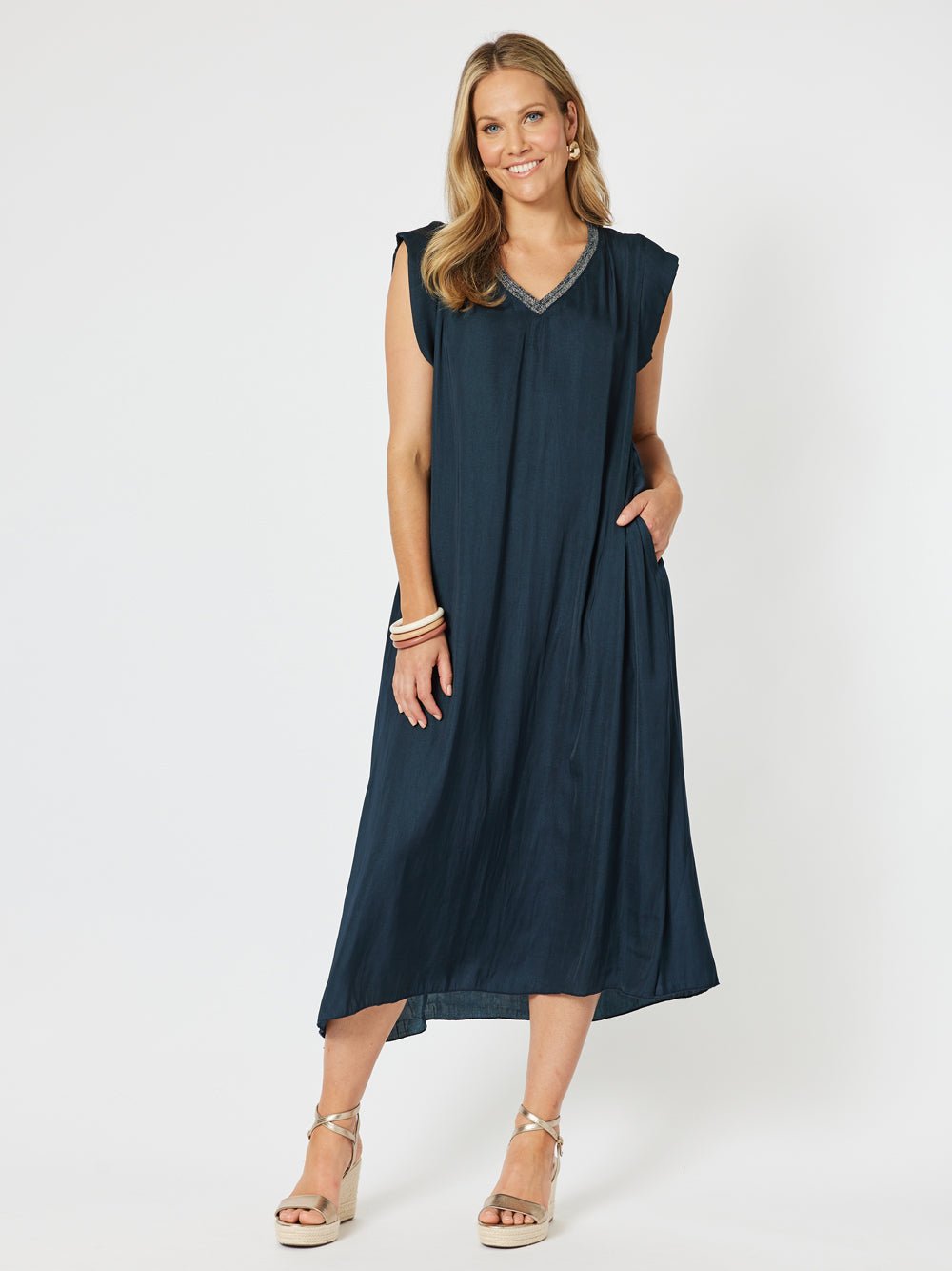 Traveller Luxe V Neck Dress - Navy - RC & Co