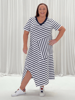 Vice Versa Stripe Spliced Print Dress - Navy/White